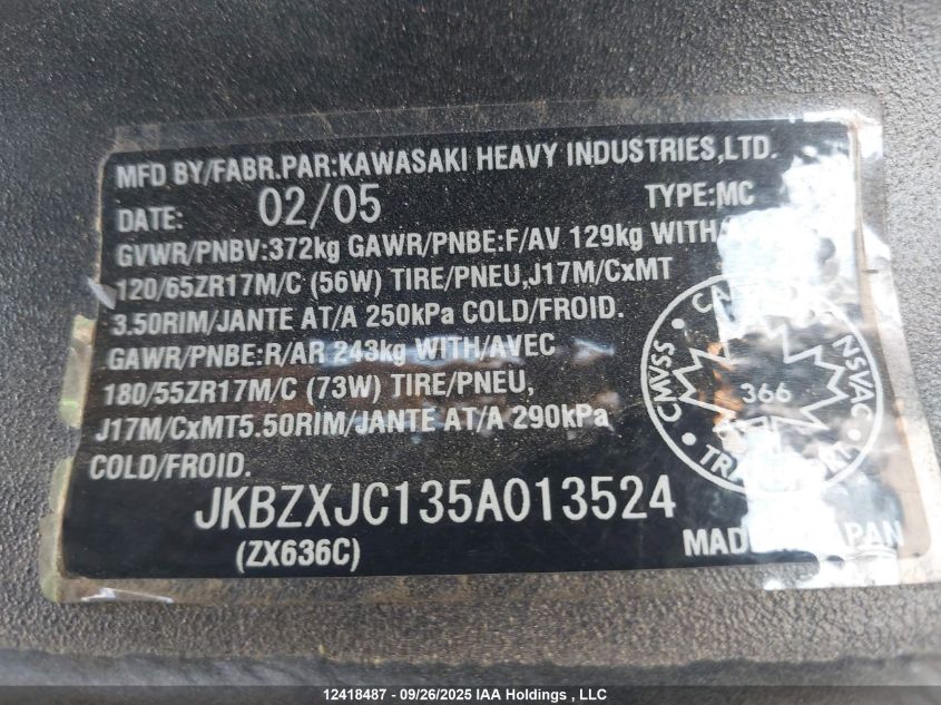 2005 Kawasaki Zx636 C1 VIN: JKBZXJC135A013524 Lot: 12418487