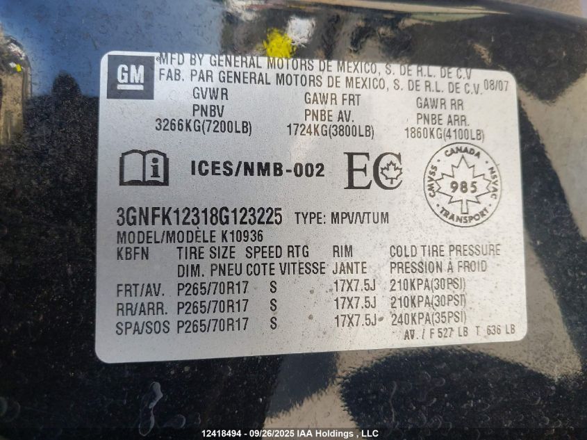 2008 Chevrolet Avalanche 1500 Ls/Lt/Ltz VIN: 3GNFK12318G123225 Lot: 12418494