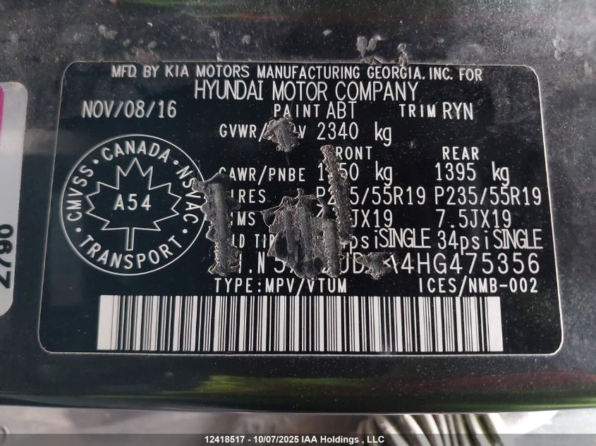 2017 Hyundai Santa Fe Sport 2.0T Ultimate VIN: 5XYZUDLA4HG475356 Lot: 12418517