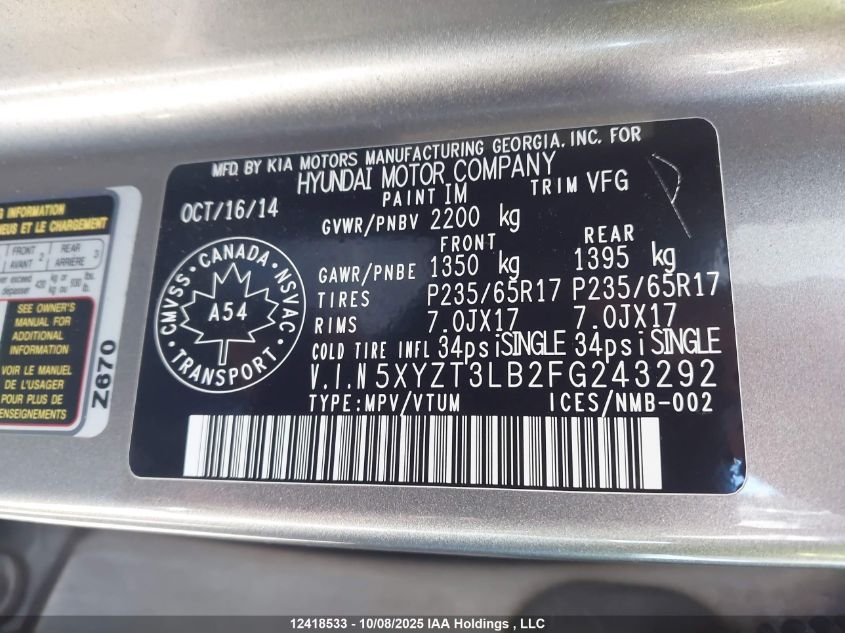 2015 Hyundai Santa Fe Sport 2.4 Base VIN: 5XYZT3LB2FG243292 Lot: 12418533