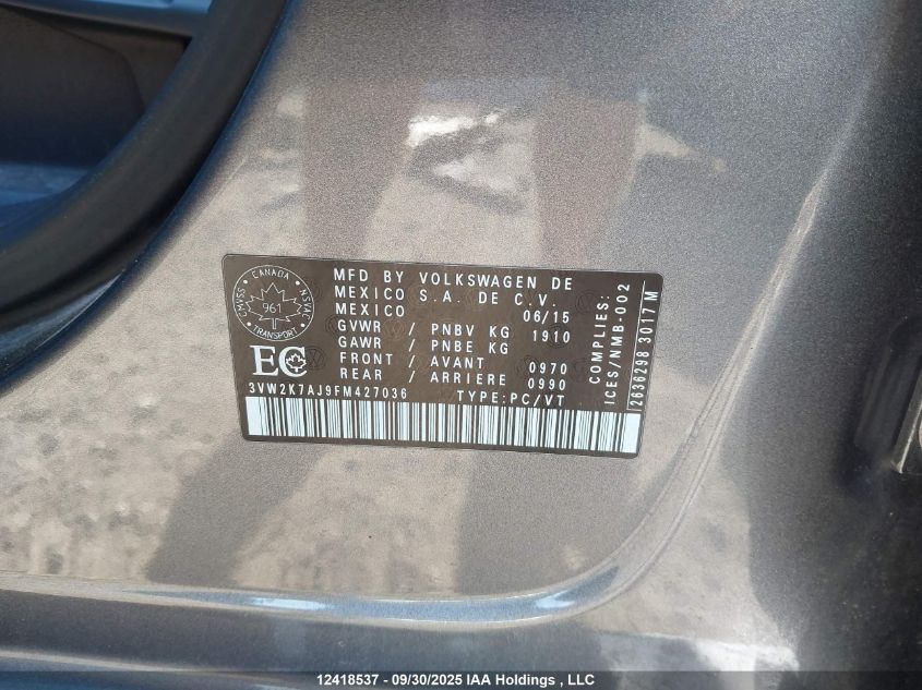 2015 Volkswagen Jetta 2.0L Trendline/2.0L Trendline+ VIN: 3VW2K7AJ9FM427036 Lot: 12418537