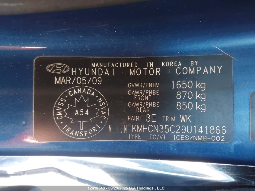 2009 Hyundai Accent VIN: KMHCN35C29U141866 Lot: 12418540