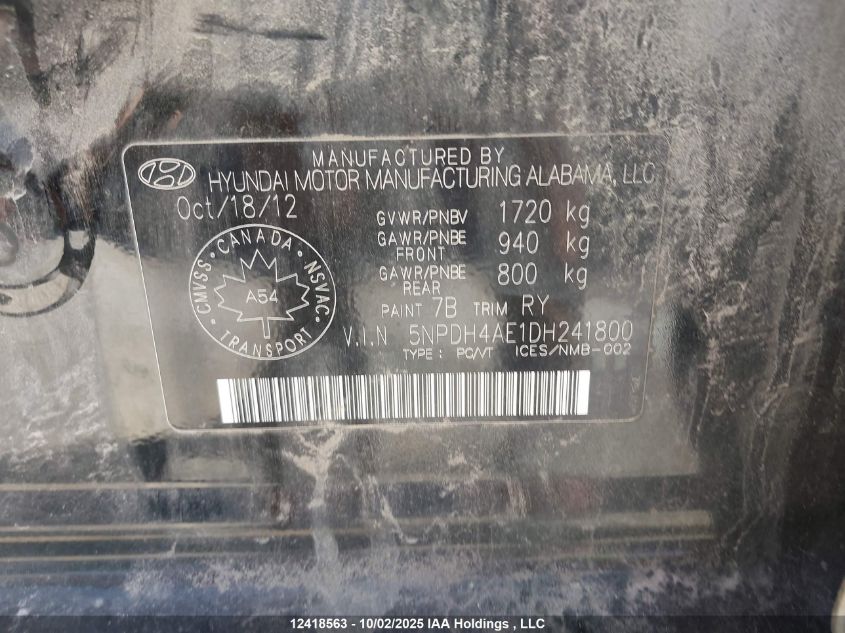 2013 Hyundai Elantra Gls/Limited VIN: 5NPDH4AE1DH241800 Lot: 12418563