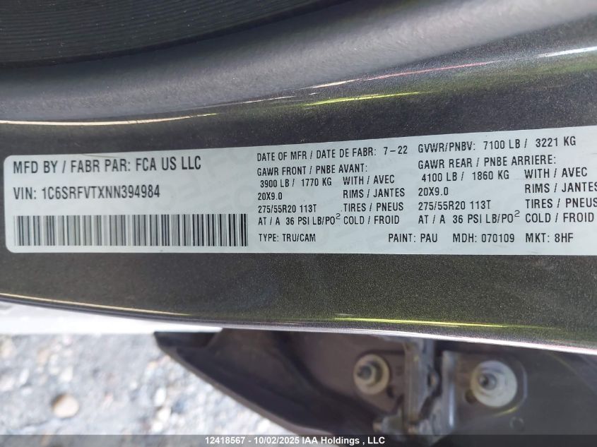 2022 Ram 1500 Sport VIN: 1C6SRFVTXNN394984 Lot: 12418567