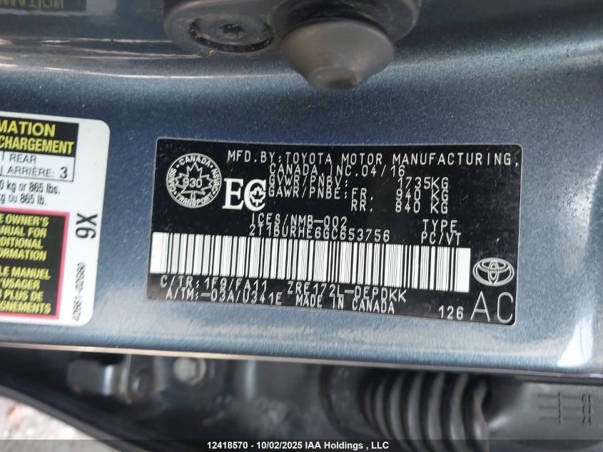 2016 Toyota Corolla VIN: 2T1BURHE6GC653756 Lot: 12418570