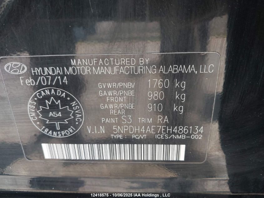 2014 Hyundai Elantra Se/Sport/Limited VIN: 5NPDH4AE7EH486134 Lot: 12418575