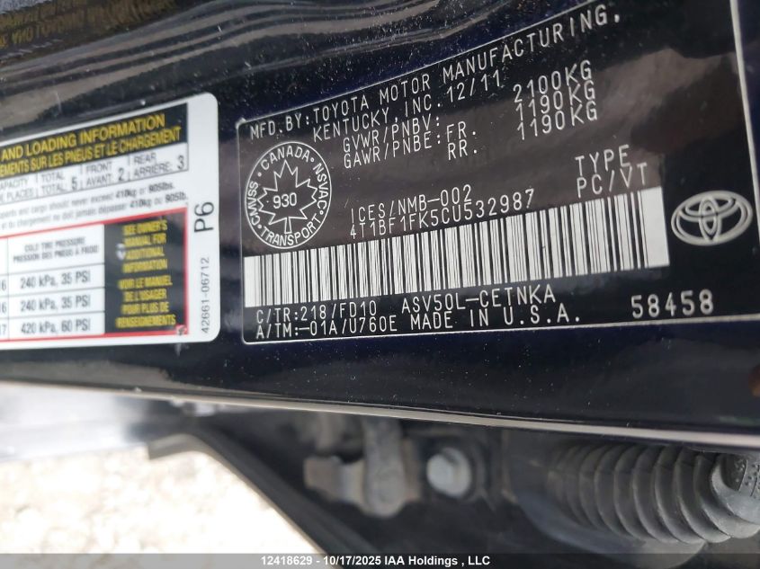 2012 Toyota Camry Le VIN: 4T1BF1FK5CU532987 Lot: 12418629