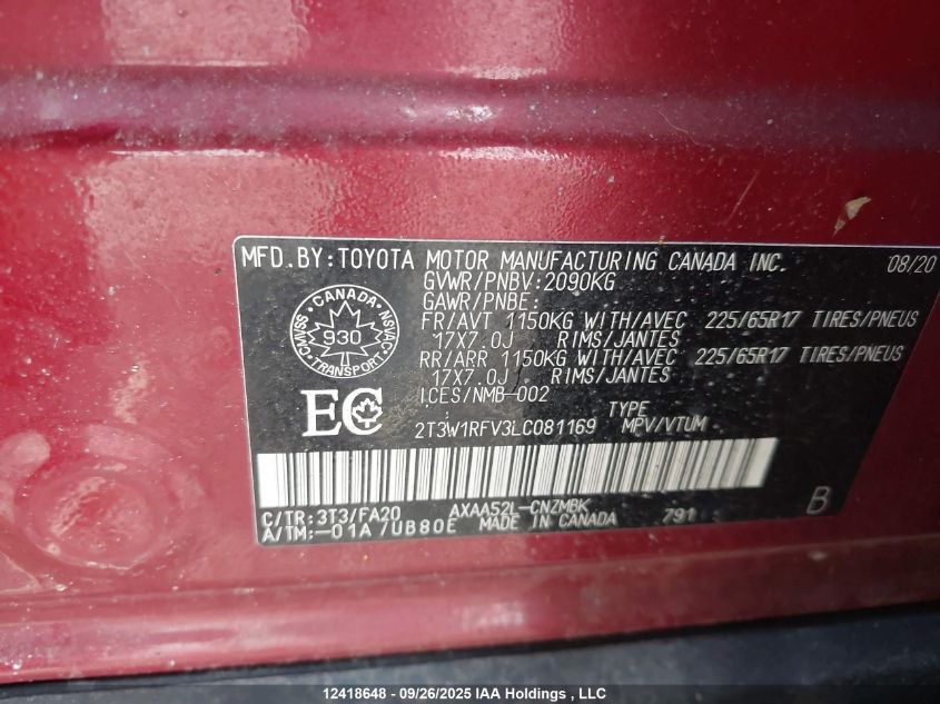 2020 Toyota Rav4 Xle/Xle Premium VIN: 2T3W1RFV3LC081169 Lot: 12418648