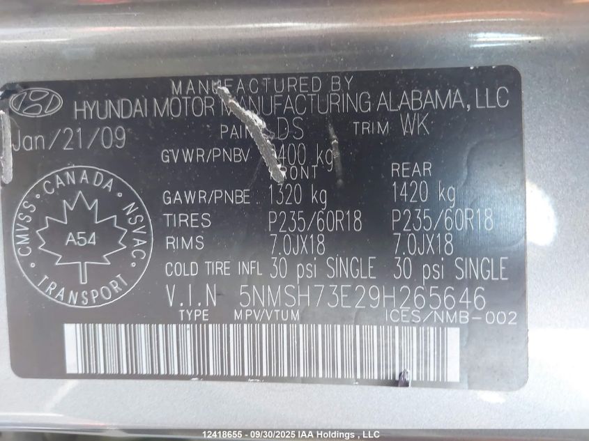 2009 Hyundai Santa Fe VIN: 5NMSH73E29H265646 Lot: 12418655