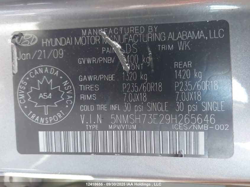 2009 Hyundai Santa Fe VIN: 5NMSH73E29H265646 Lot: 12418655