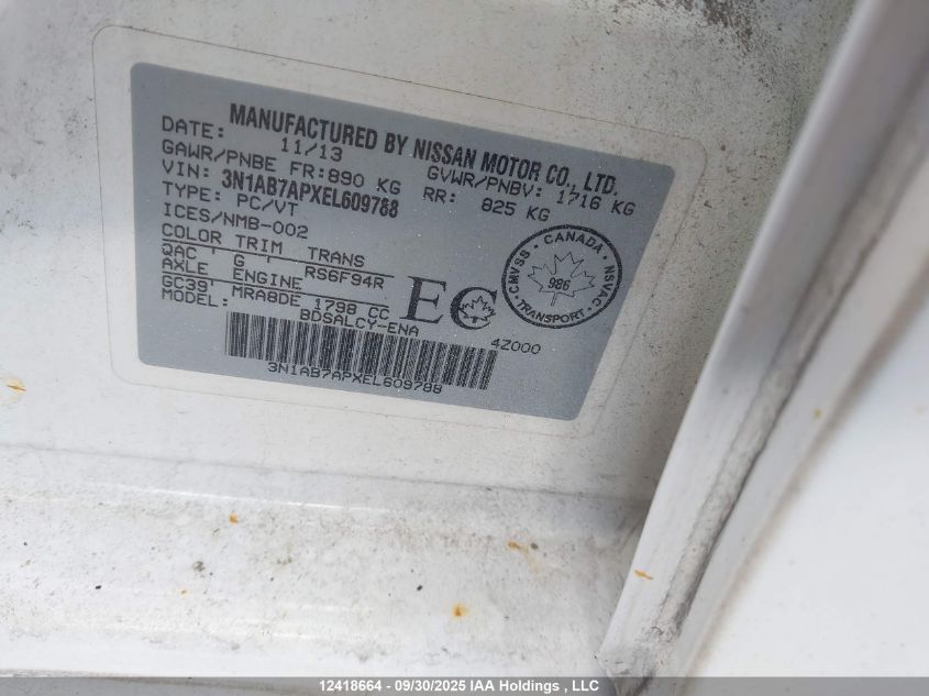 2014 Nissan Sentra S/Sv/Sr/Sl VIN: 3N1AB7APXEL609788 Lot: 12418664