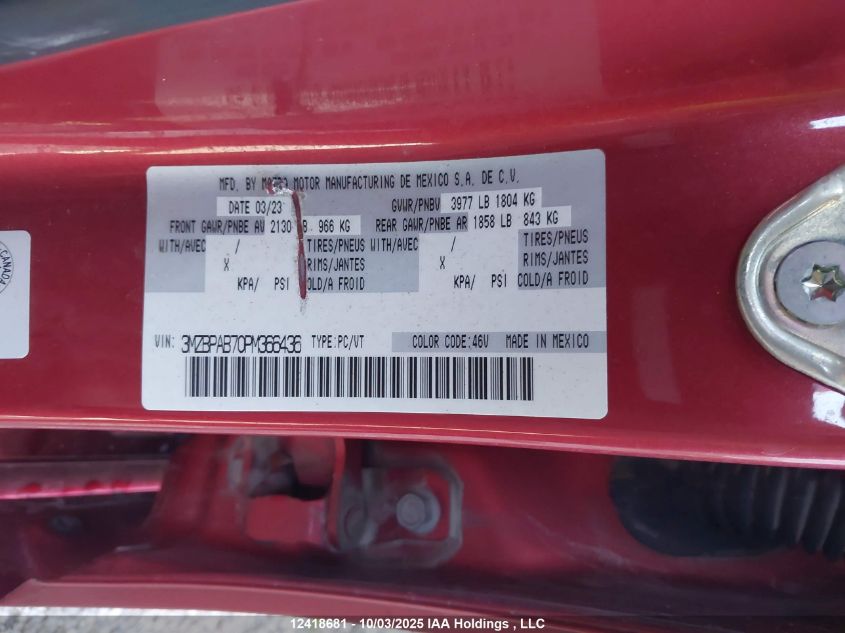 2023 Mazda Mazda3 VIN: 3MZBPAB70PM366436 Lot: 12418681