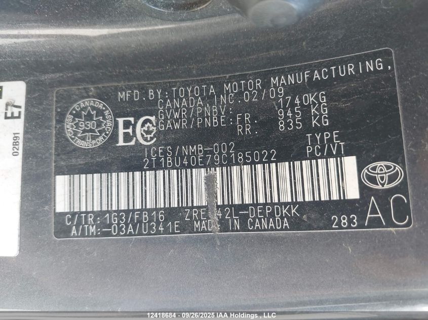 2009 Toyota Corolla Ce VIN: 2T1BU40E79C185022 Lot: 12418684