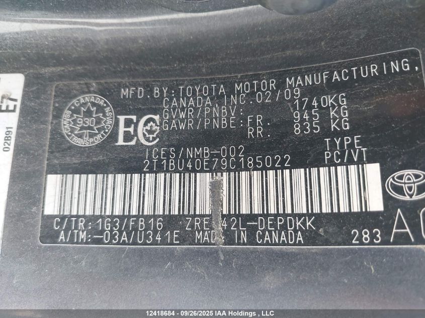 2009 Toyota Corolla Ce VIN: 2T1BU40E79C185022 Lot: 12418684