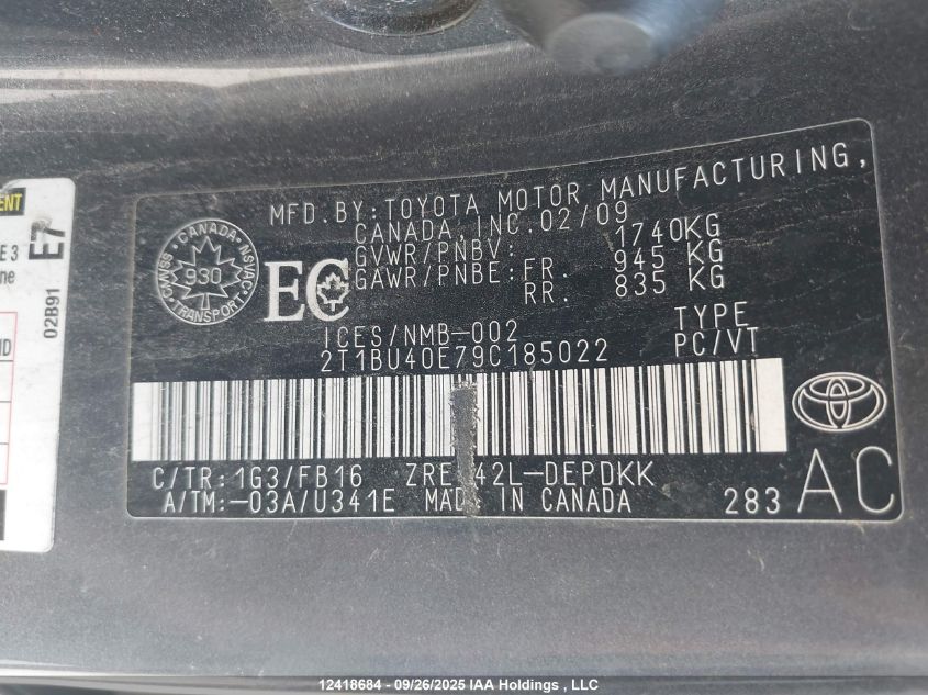 2009 Toyota Corolla Ce VIN: 2T1BU40E79C185022 Lot: 12418684