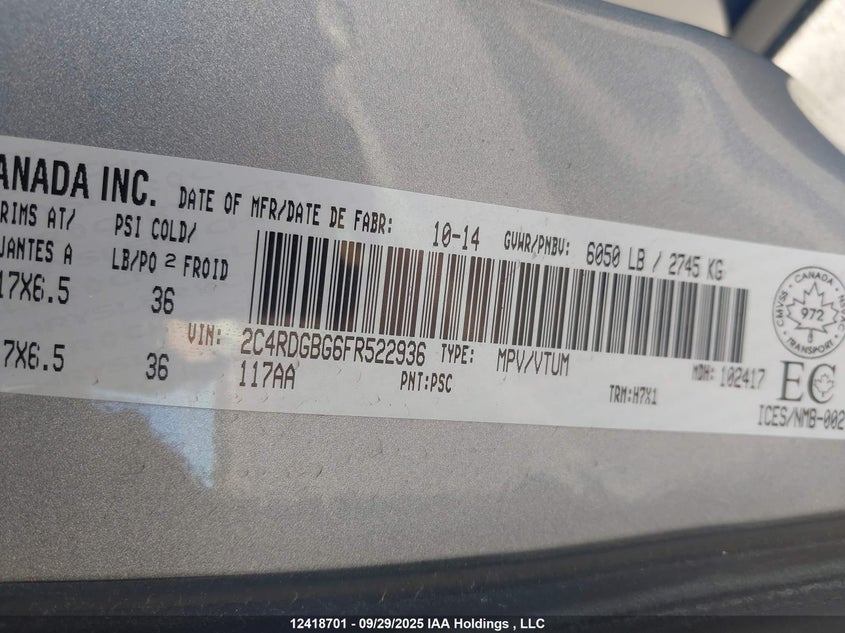 2C4RDGBG6FR522936 2015 DODGE CARAVAN photo no. 9