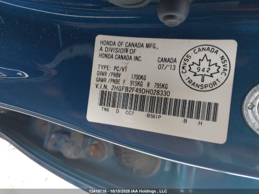 2013 Honda Civic Lx VIN: 2HGFB2F49DH028330 Lot: 12418716