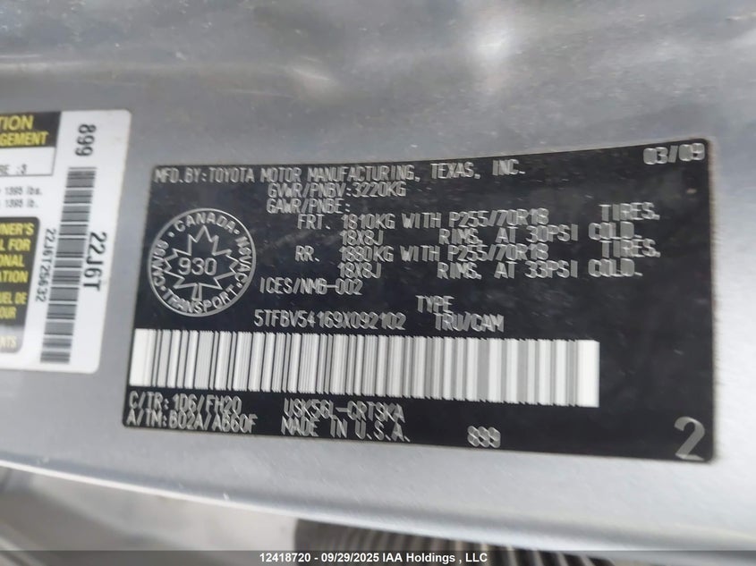 5TFBV54169X092102 2009 TOYOTA TUNDRA photo no. 18