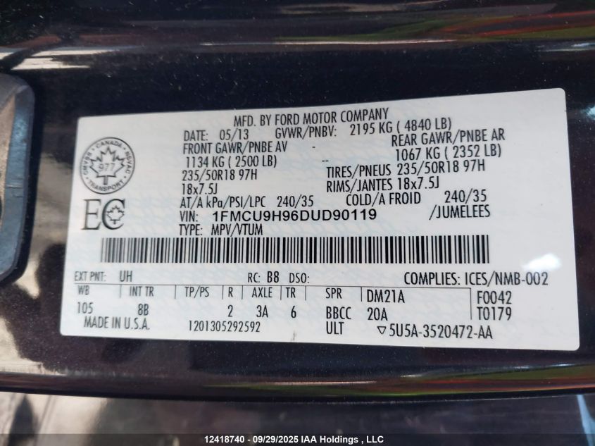 2013 Ford Escape Sel VIN: 1FMCU9H96DUD90119 Lot: 12418740