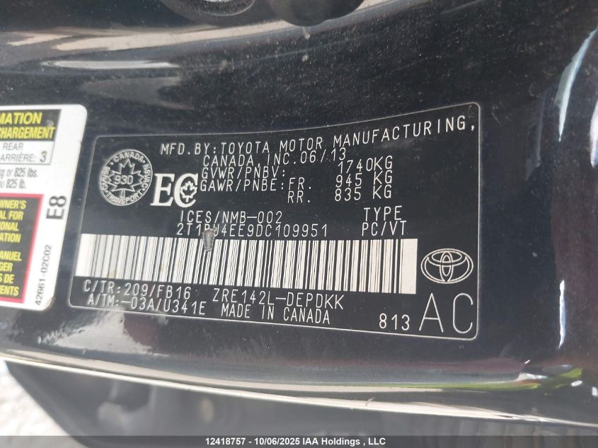 2013 Toyota Corolla Ce VIN: 2T1BU4EE9DC109951 Lot: 12418757