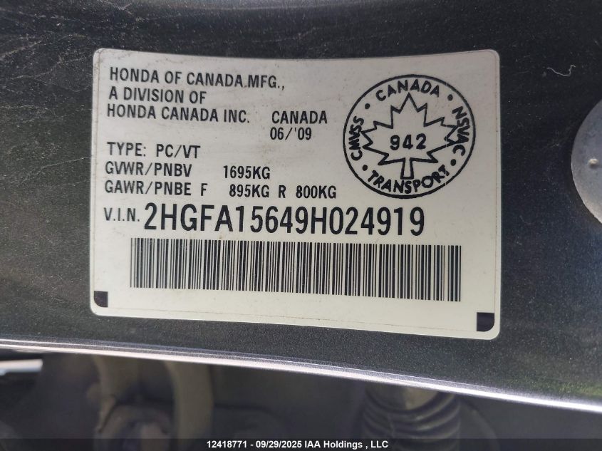 2009 Honda Civic Lx-S VIN: 2HGFA15649H024919 Lot: 12418771