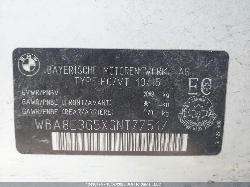 2016 BMW 328 Xi Sulev VIN: WBA8E3G5XGNT77517 Lot: 12418775