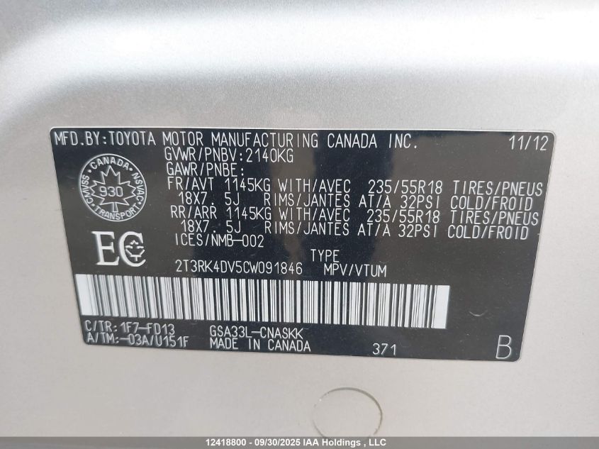 2012 Toyota Rav4 Sport VIN: 2T3RK4DV5CW091846 Lot: 12418800