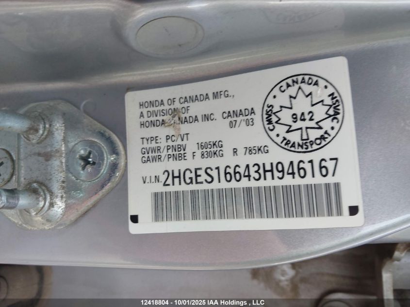 2003 Honda Civic Lx VIN: 2HGES16643H946167 Lot: 12418804