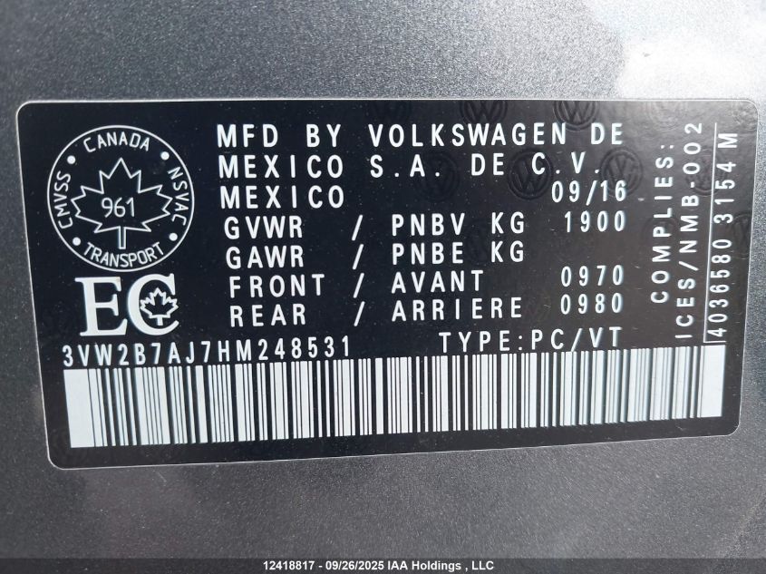 2017 Volkswagen Jetta S VIN: 3VW2B7AJ7HM248531 Lot: 12418817