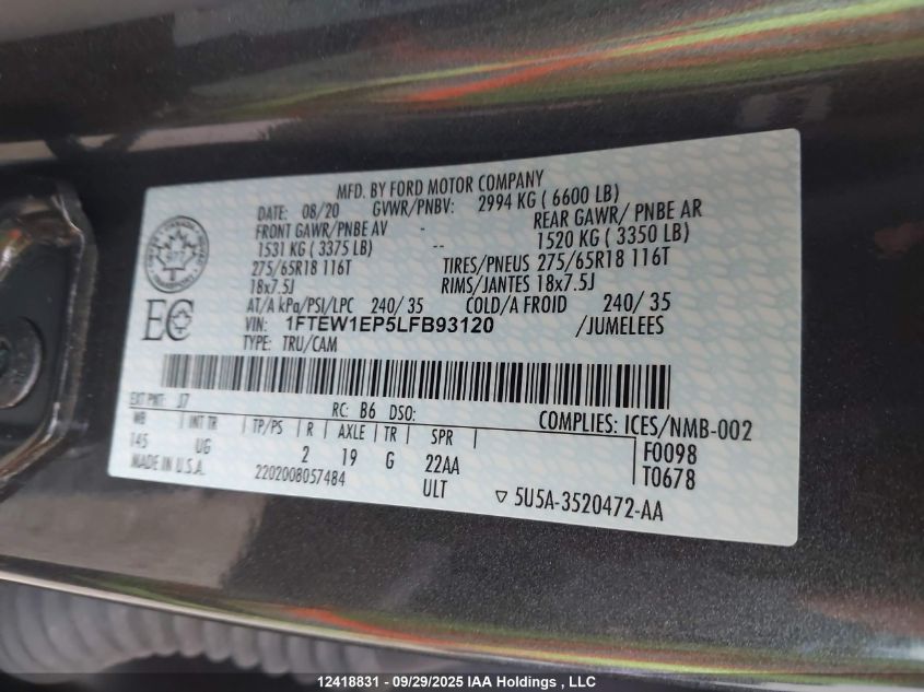 2020 Ford F-150 Xlt VIN: 1FTEW1EP5LFB93120 Lot: 12418831