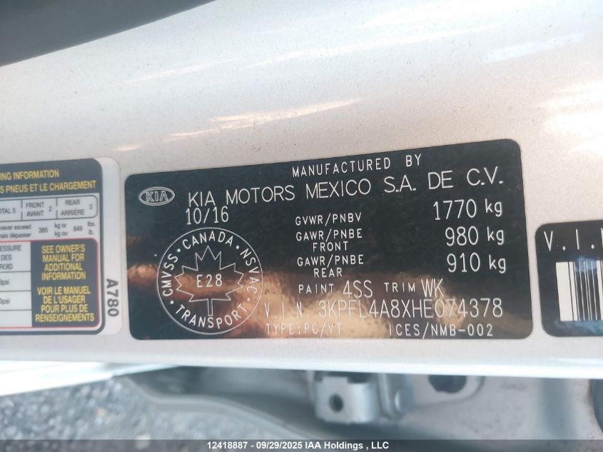 2017 Kia Forte Ex VIN: 3KPFL4A8XHE074378 Lot: 12418887
