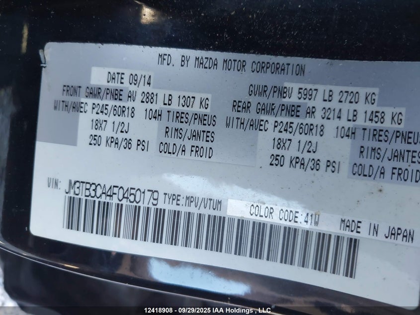 JM3TB3CA4F0450179 2015 MAZDA CX-9 photo no. 9