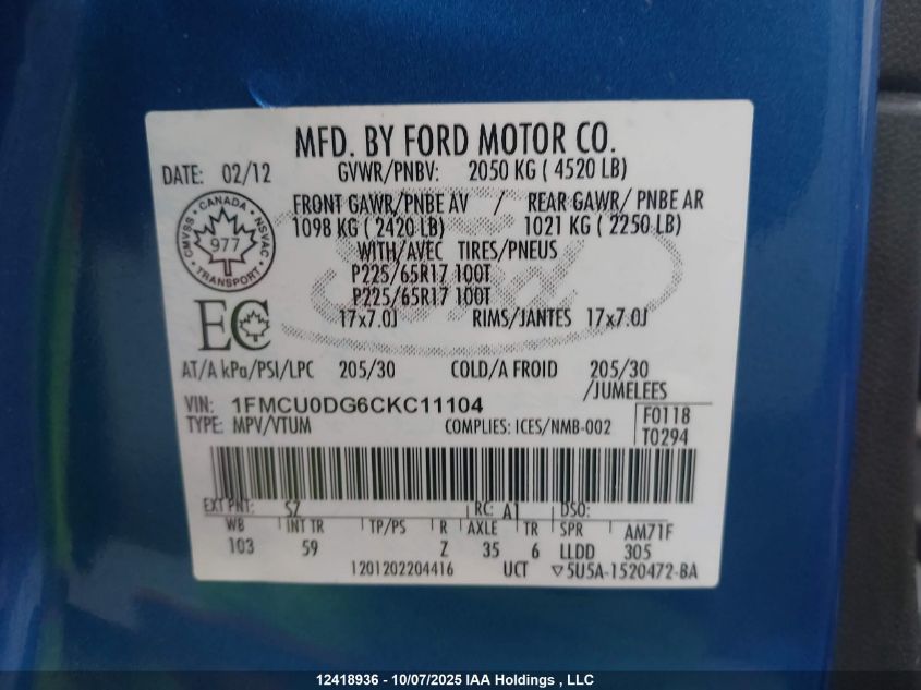 2012 Ford Escape Xlt VIN: 1FMCU0DG6CKC11104 Lot: 12418936