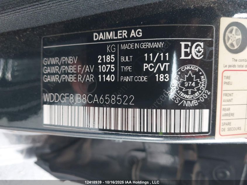 2012 Mercedes-Benz C 350 4Matic VIN: WDDGF8JB8CA658522 Lot: 12418939