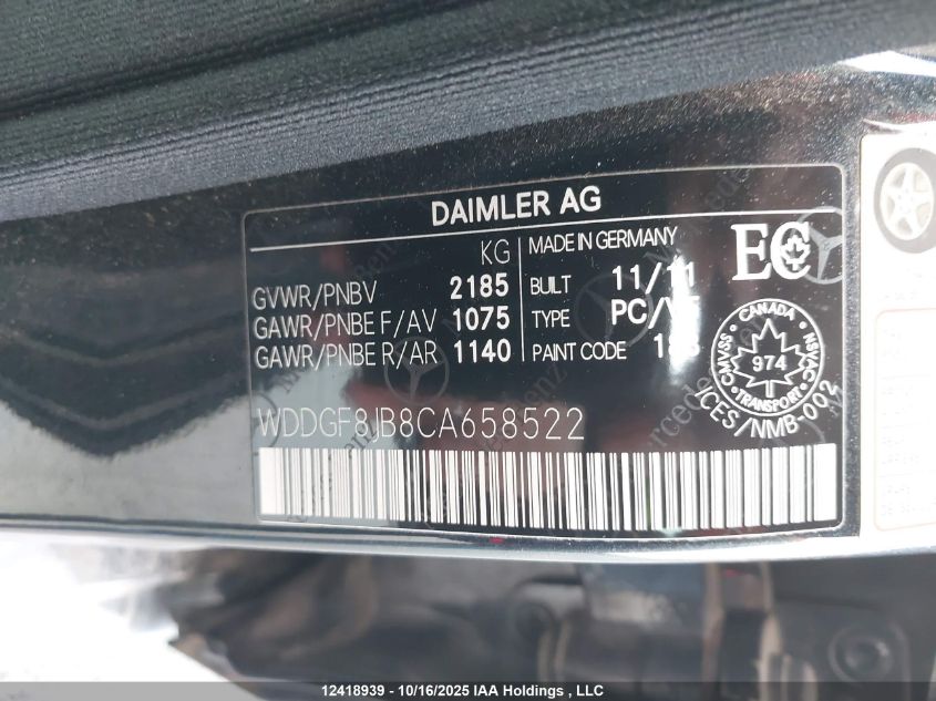 2012 Mercedes-Benz C 350 4Matic VIN: WDDGF8JB8CA658522 Lot: 12418939