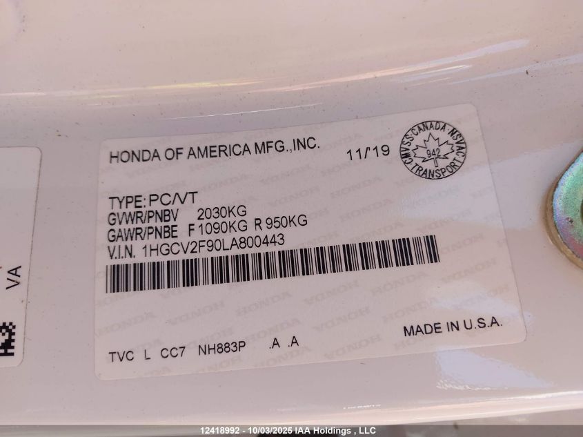 2020 Honda Accord Touring 2.0T VIN: 1HGCV2F90LA800443 Lot: 12418992