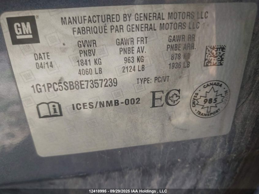 2014 Chevrolet Cruze Lt VIN: 1G1PC5SB8E7357239 Lot: 12418995