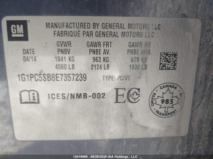 2014 Chevrolet Cruze Lt VIN: 1G1PC5SB8E7357239 Lot: 12418995