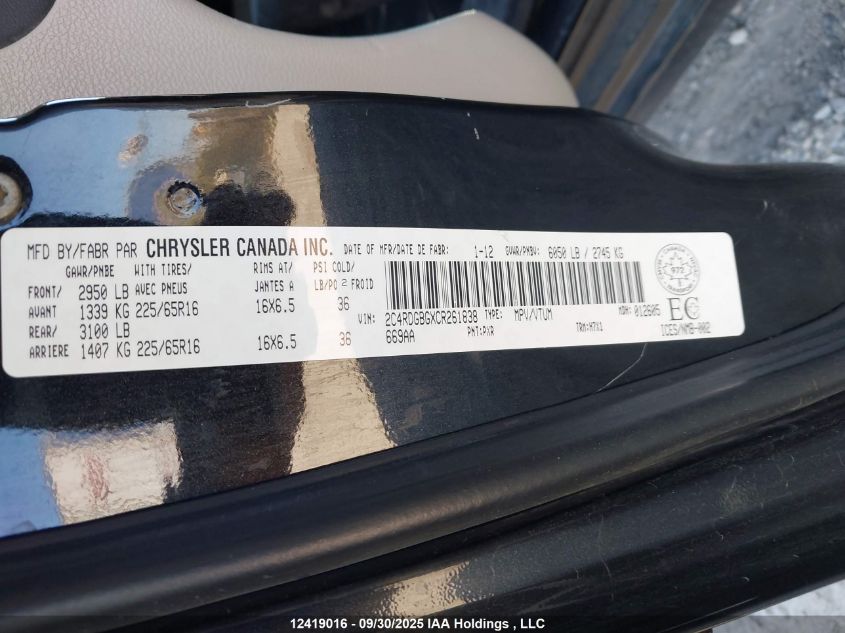 2012 Dodge Grand Caravan Se/Sxt VIN: 2C4RDGBGXCR261838 Lot: 12419016