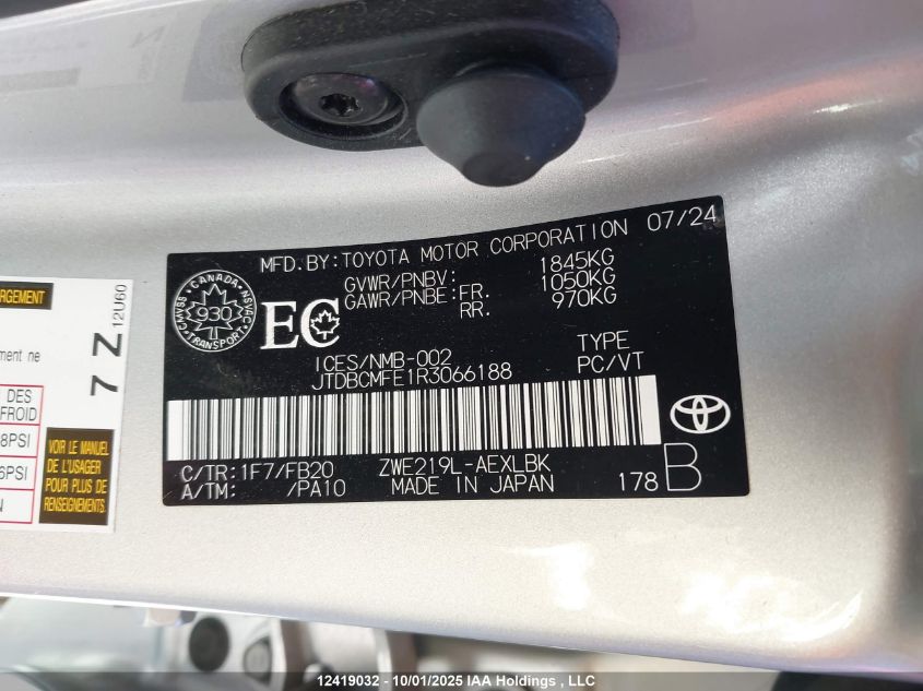 2024 Toyota Corolla Hybrid Le VIN: JTDBCMFE1R3066188 Lot: 12419032