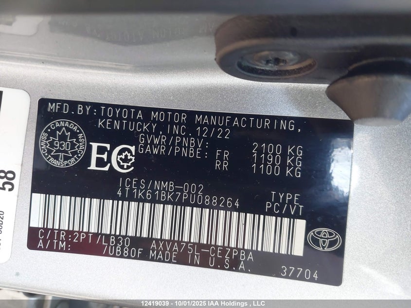 2023 Toyota Camry VIN: 4T1K61BK7PU088264 Lot: 12419039