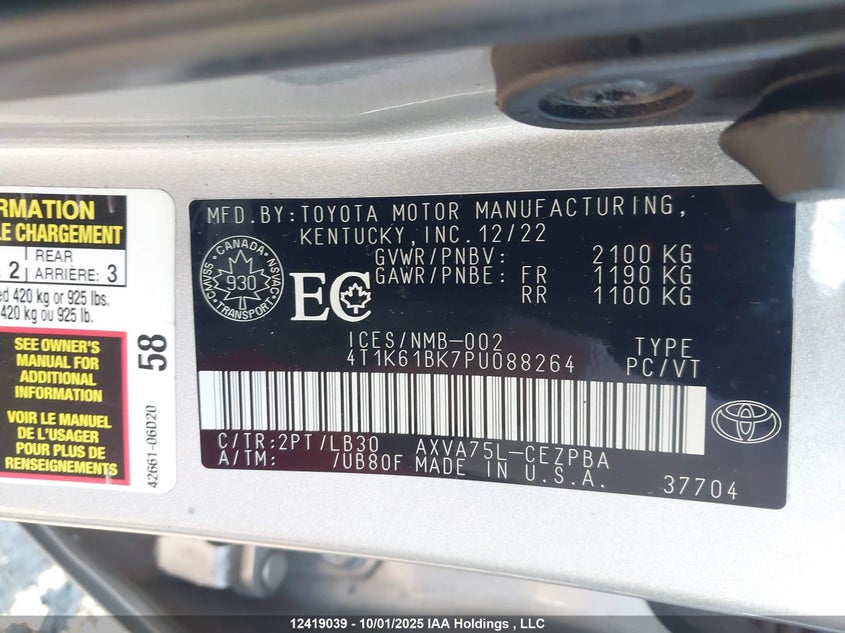 2023 Toyota Camry VIN: 4T1K61BK7PU088264 Lot: 12419039