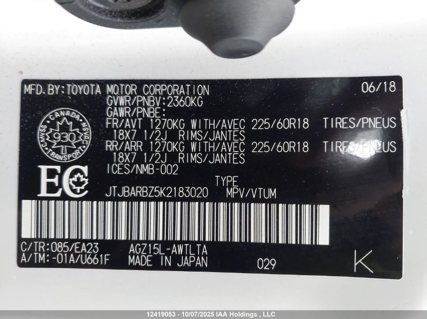 2019 Lexus Nx 300 VIN: JTJBARBZ5K2183020 Lot: 12419053