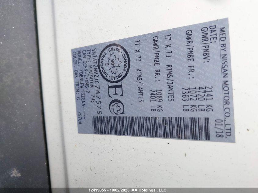 2018 Nissan Rogue Midnight Edition/S/Sl/Sl W/Propilot Assist/Sv VIN: 5N1AT2MV2JC747575 Lot: 12419055