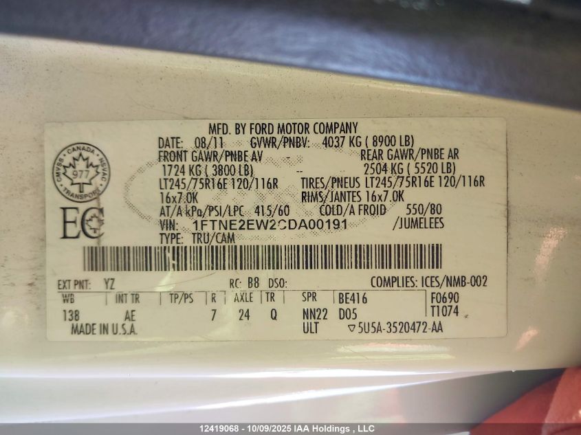 2012 Ford E-250 Commercial VIN: 1FTNE2EW2CDA00191 Lot: 12419068