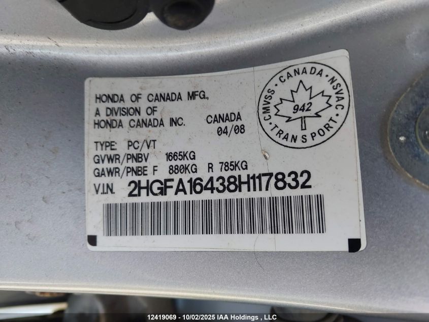 2008 Honda Civic Dx-G VIN: 2HGFA16438H117832 Lot: 12419069