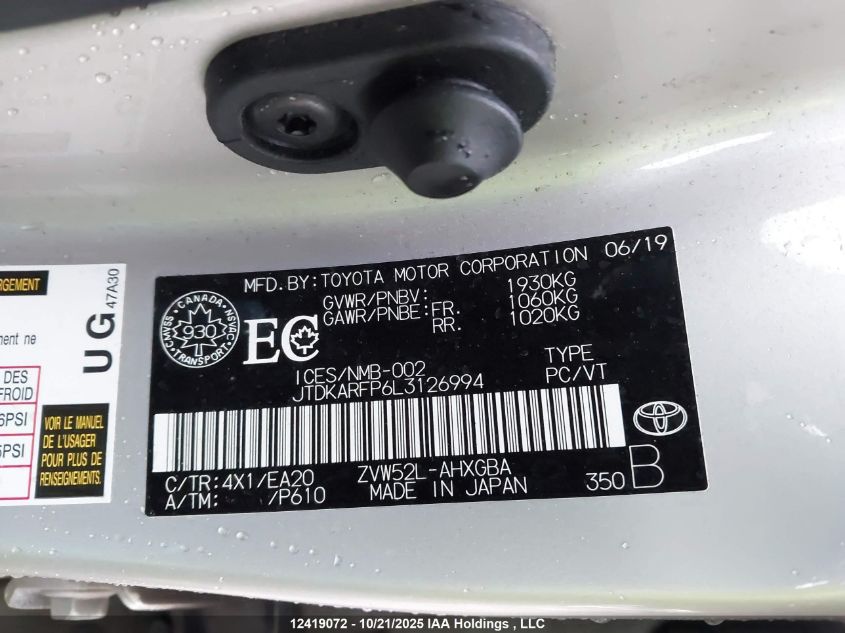 2020 Toyota Prius Prime Upgrade VIN: JTDKARFP6L3126994 Lot: 12419072