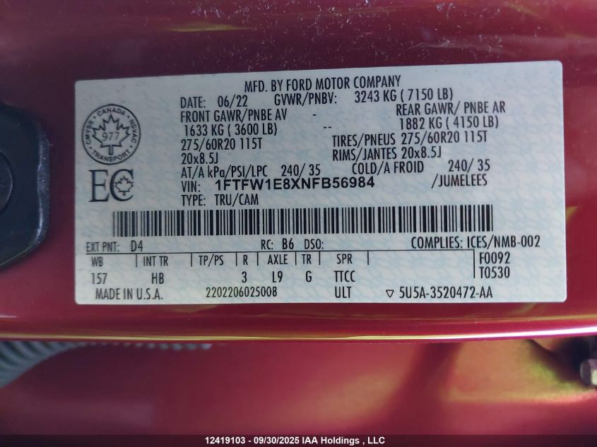 2022 Ford F150 Supercrew VIN: 1FTFW1E8XNFB56984 Lot: 12419103