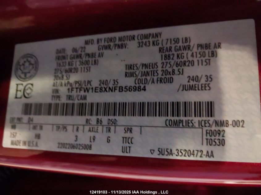 2022 Ford F150 Supercrew VIN: 1FTFW1E8XNFB56984 Lot: 12419103