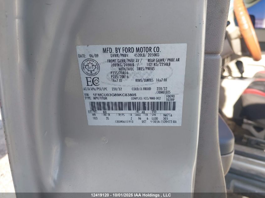 2009 Ford Escape Xlt VIN: 1FMCU03G89KC83805 Lot: 12419120